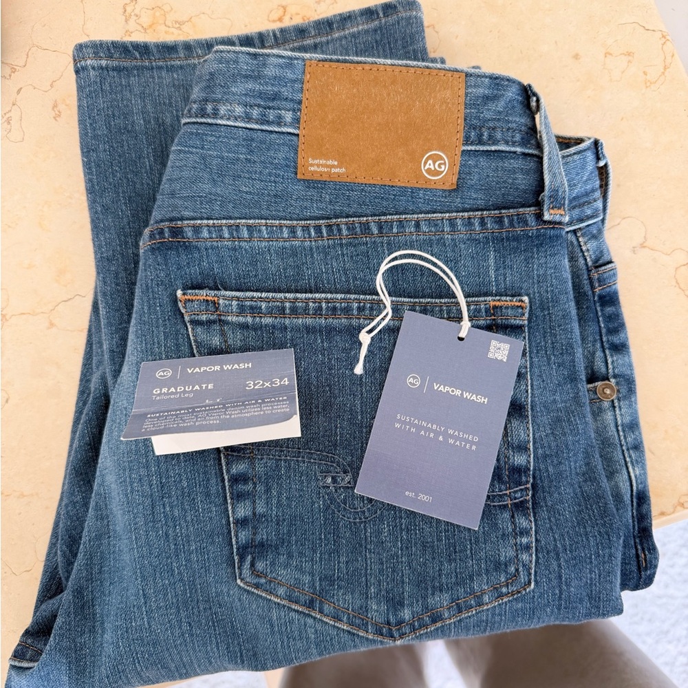 Ag Adriano Goldschmied Straight Leg Jeans - Medium Blue with Tan Patch